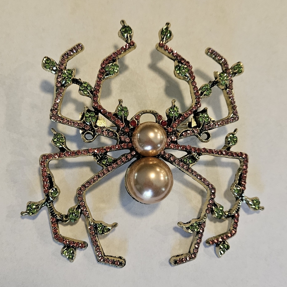 Spider Brooch Pin Pink Peridot Green Rhinestones Cryatals Pearls Large Garden